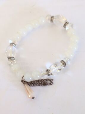 White Beaded Stretch Bracelet with Clear Crystal Accents and Tassel Charm